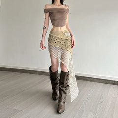 Hnewly  Bohemian Vintage Embroidery Knitted Skirts Summer Lace Patchwork Skirt for Women New Slim Fit Bodycon Faldas Mujer