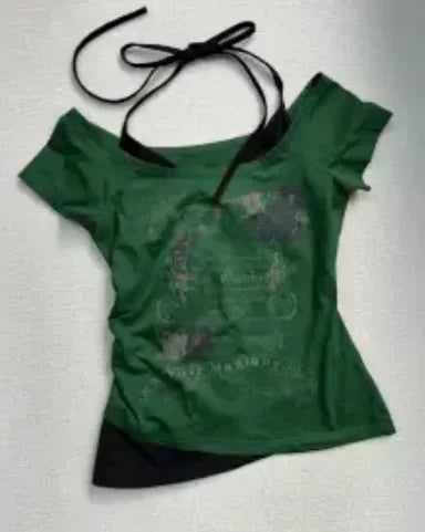 Hnewly Summer Fake Two Pieces Halter Bandage Vintage T-shirts Y2k Aesthetic Slim Crop Tops Women Grunge Print Harajuku Casual Sexy Tee