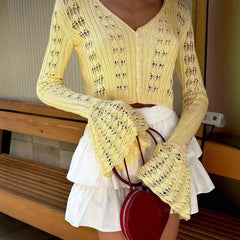 Hnewly  Spring Knitted Cardigan Female Solid V-Neck Hollow Out Short Knitted Top Fashion Casual Loose Commuter Female T-Shirt