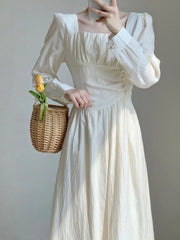 Hnewly  Vestidos Mujer White Solid Spring Summer Long Sleeve Korean Fashion Long Dress Elegant A-line Sweet Women Dresses