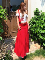 Hnewly Sexy Slash Neck Slim Tops 2 Piece Sets Y2K Femme Summer One Shoulder Tight Crop Tops High Waist Chic Patchwork A Line Skirt Suit