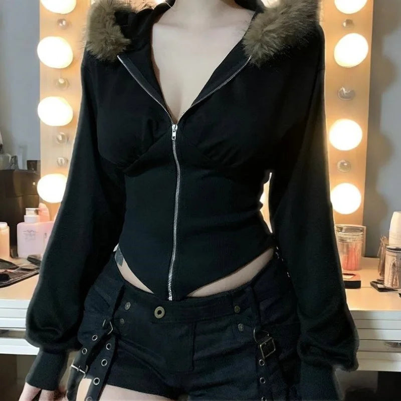 Hnewly y2k Jacket Women Punk Gothic Clothes Solid Color Fur Collar Zip Up Long Sleeve Coat 2000s Grunge Clothing Streetwear