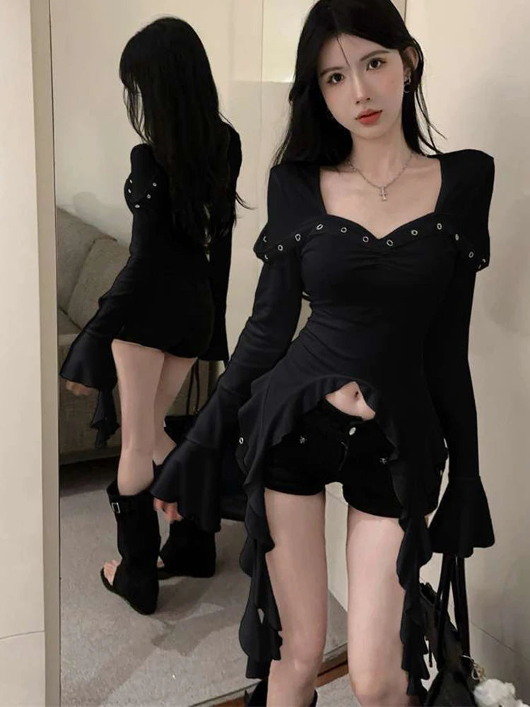 Hnewly Slim Cropped Ruffles T Shirt Women Long Sleeve Streetwear Retro Tops Casual Sexy Square Collar Female Korean Irregular Tees