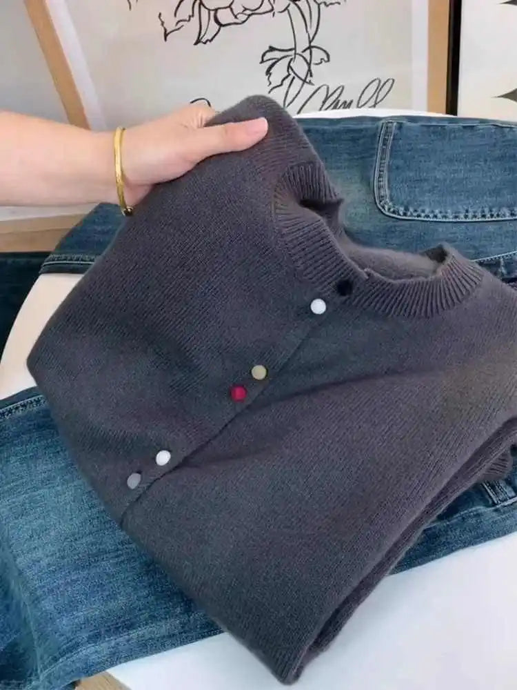 Hnewly  Solid Single Breasted Sweater Women New Autumn  Winter O-neck Loose Basic Top Elegant Long Sleeved Knitted Cardigan Jacket