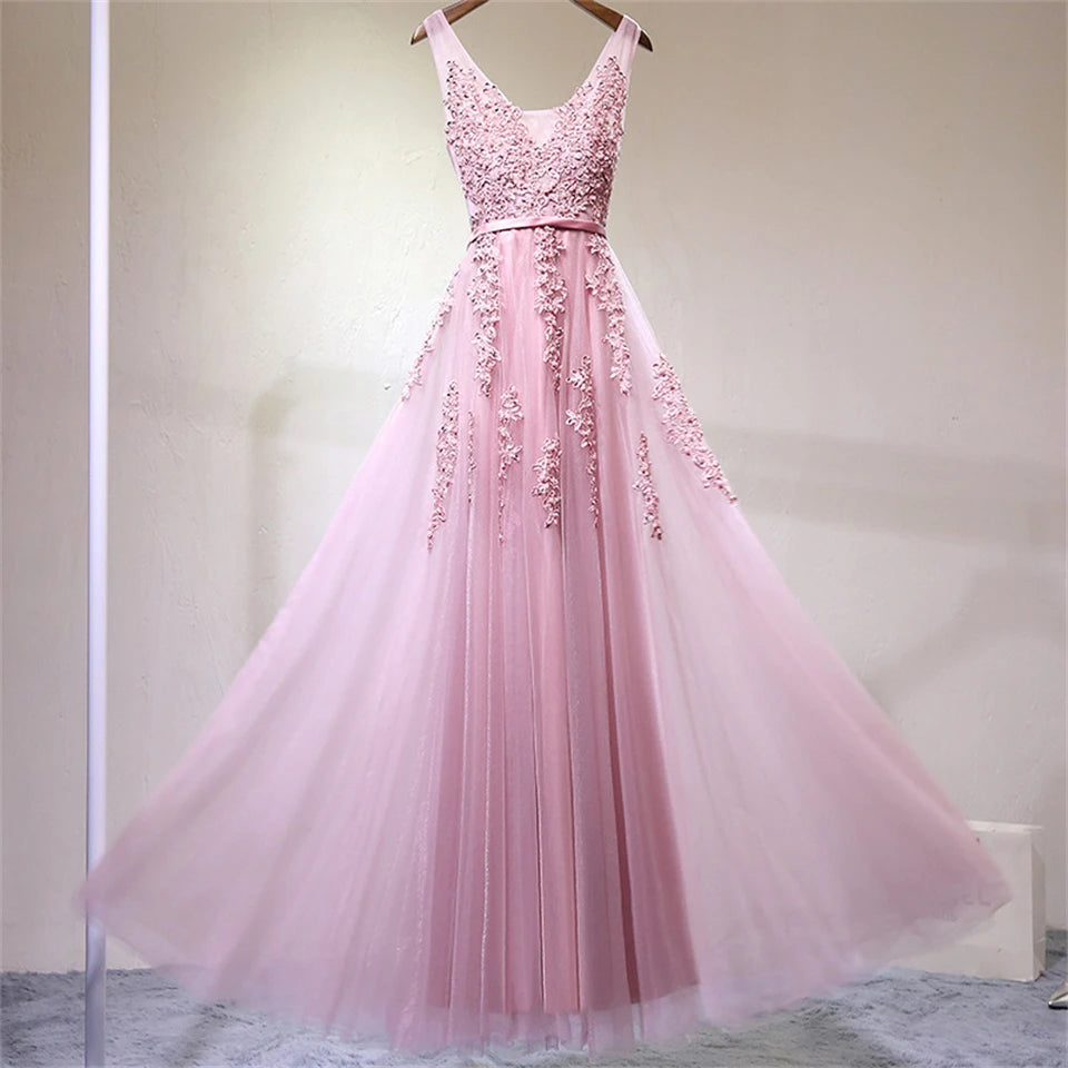 Hnewly  Elegant Tank Tulle V-neck Illusion A-line Formal Evening Dresses for Women Sweep Train Party Dresses Prom Dress formal dress