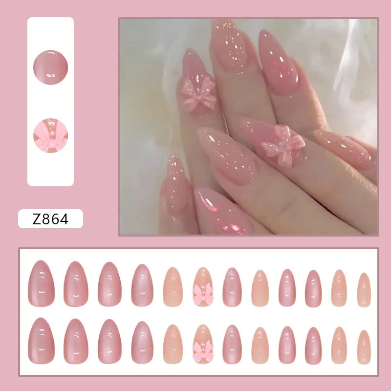 Hnewly 24pcs Pink Bow Design Glossy Press on Nails Wearable Detachable Almond Fake Nail Tips for Girls Lady Korean Sweet False Nails