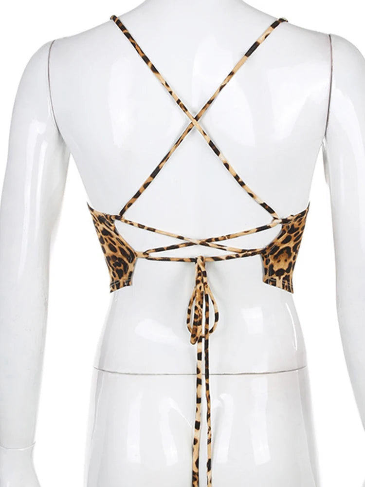 Hnewly Leopard Pattern Women Tank Tops Backless Sexy Rave Outfits Sleeveless Cross Lace Up Bralette Crop Top Summer Streetwear