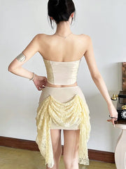 Hnewly  Elegant Women's Tube Top Lace Skirt Suit Slim Sleeveless Backless Crop Tops Ruffle Lace Up Skirts Fashion Summer Lady Set