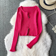 Hnewly  Beading Knitted Striped Zippered Sweater Cardigan Women's Spring Autumn O-Neck Top New Loose Harajuku Long Sleeved Outwear