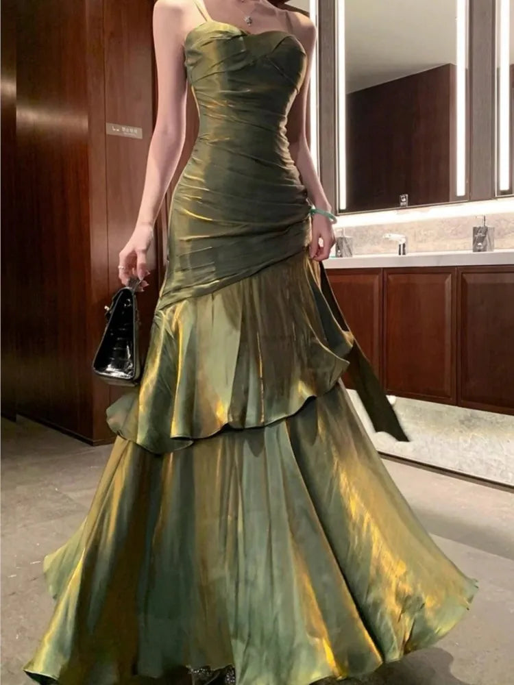 Hnewly Women Elegant Spaghetti Straps Ruffles Graduation Party Dress Slim Waist Wedding Bridesmaid Dresses Festival Formal Clothes New