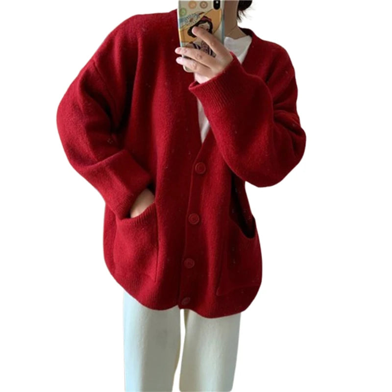 Hnewly Women Cardigan Sweater y2k Clothes Solid Color V Neck Single Breasted Long Sleeve Knitted Tops with Pockets Streetwear