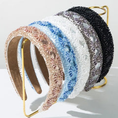Hnewly  Sequins Wide Brim Headband Handmade High Cranial Top Face Wash Hairbands Hand Sewn Rice Beads Women Headwear Hair Accessories