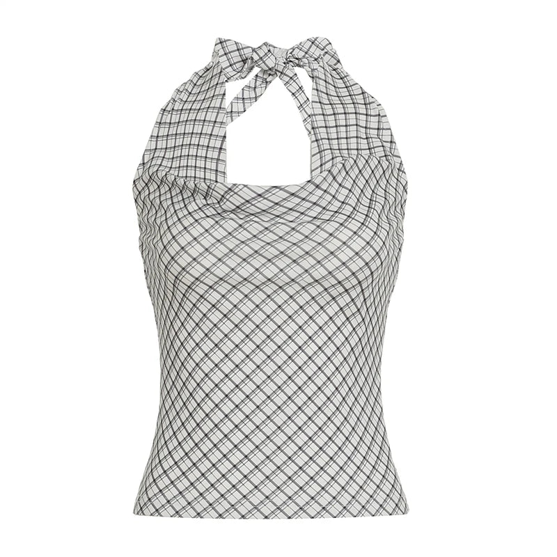 Hnewly Summer Retro Plaid Print Halter Tank Top y2k Aesthetic Sleeveless Lace-up Backless Cropped Tops Women Vintage 2000s Vest