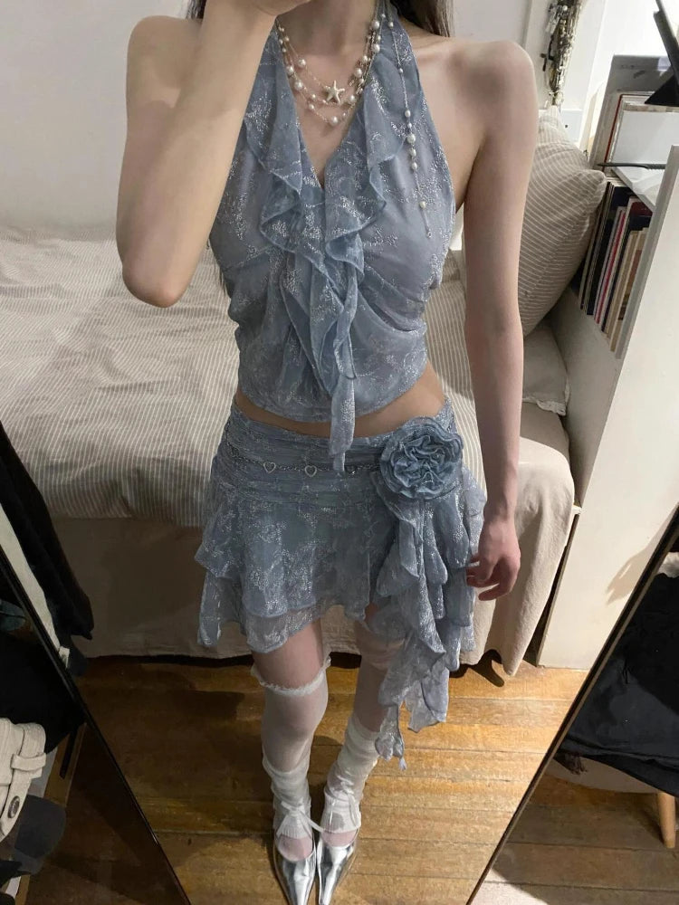 Hnewly Summer Two Pieces Set Summer Halter Print Slim Sweet Ruffled Vest + Women Y2k Aesthetic Streetwear 3D Flower Grunge Mini Skirts