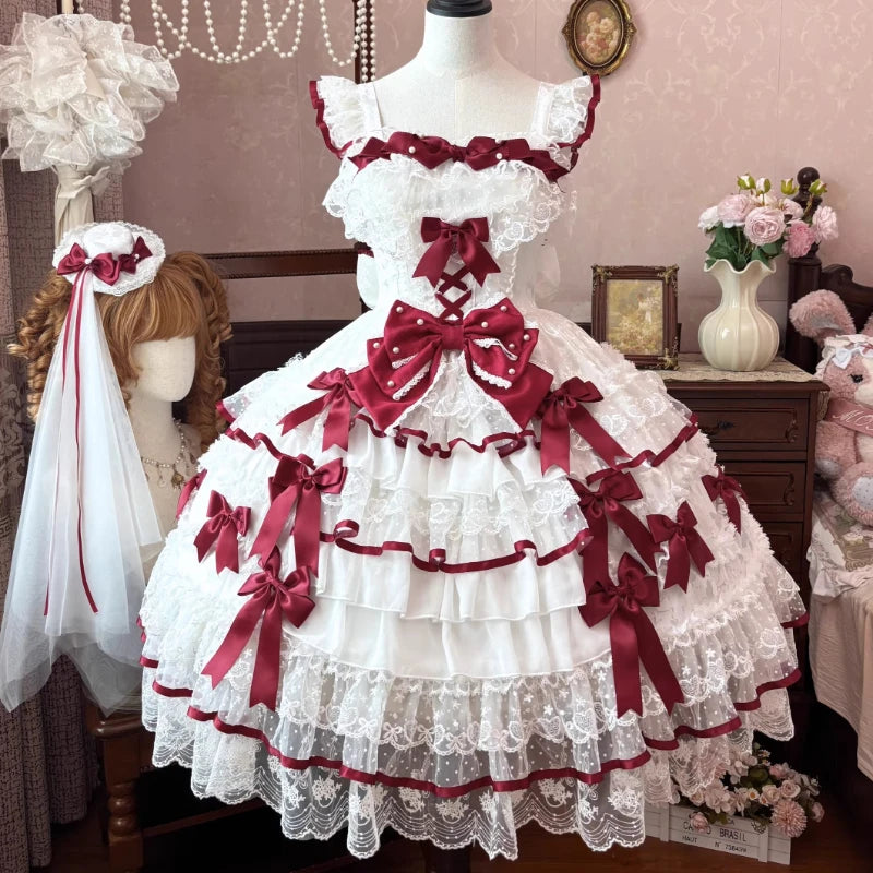 Christmas Party Girl's Princess Lolita Dresses JSK Woman's Cute Bow Lace Sweet Wedding Dress Female Birthday Party Dress Dresses