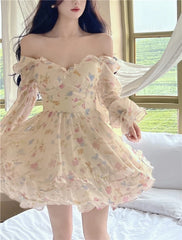 Hnewly France Sweet Tie-dyed Fairy Dress Women Elegant Chic Ruffles V-Neck Long Sleeve Princess Dresses Female Casual Beach Vestidos