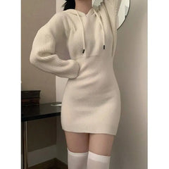 Hnewly Hooded Knitted Dress for Women Sweater Bottoming Short Skirt