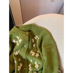 Hnewly  Green Crochet Knitted Sweater Women's Retro Soft  Embroidery Loose Long Sleeved Jacket Round Neck Single Breasted Cardigan Top