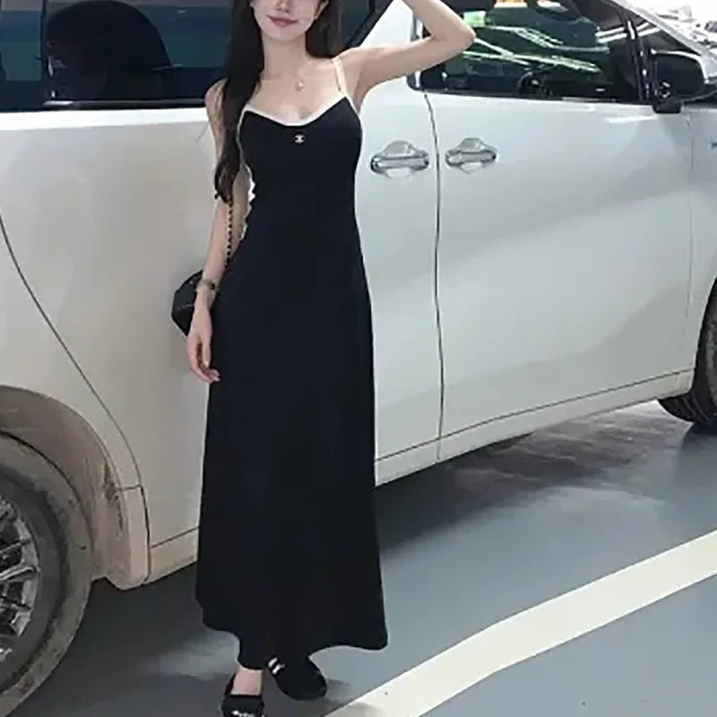 Hnewly  Women's A-Line Stripe Slim Fit Long Skirt Summer Fashion Casual Style Polyester Fiber No Sleeve  Sweet Style Midi Dress