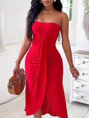 Hnewly Women Sexy Backless Strapless Solid Mido Dress New Summer Bandeau Ruched Off Shoulder Hook Flower Hollow  Slit Casual Dresses