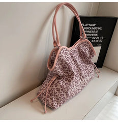 Polka Dot Suede Tote Bag Korean Leopard Print Letter Design, Women Large Capacity Drawstring Shoulder Bag Fashion Casual Handbag