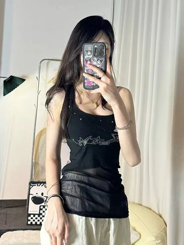 Hnewly Retro Halter Neck Camis for Women Summer Sexy U Neck Streetwear Sleeveless Crop Tops Y2K Aesthetic Mesh Patchwork Hot Girls Tank