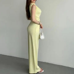 Hnewly  Women's Elegant Satin Two Pieces Set One Shoulder Detail and High Waist Straigh Pants  Solid Color Set