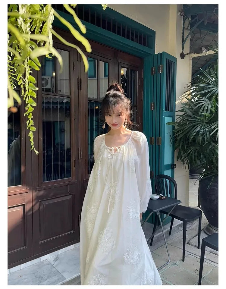 Hnewly French Vintage Midi Dress Women Casual Long Sleeve Elegant Dress Beach Style Even Party Clothing Korean Fashion Chic