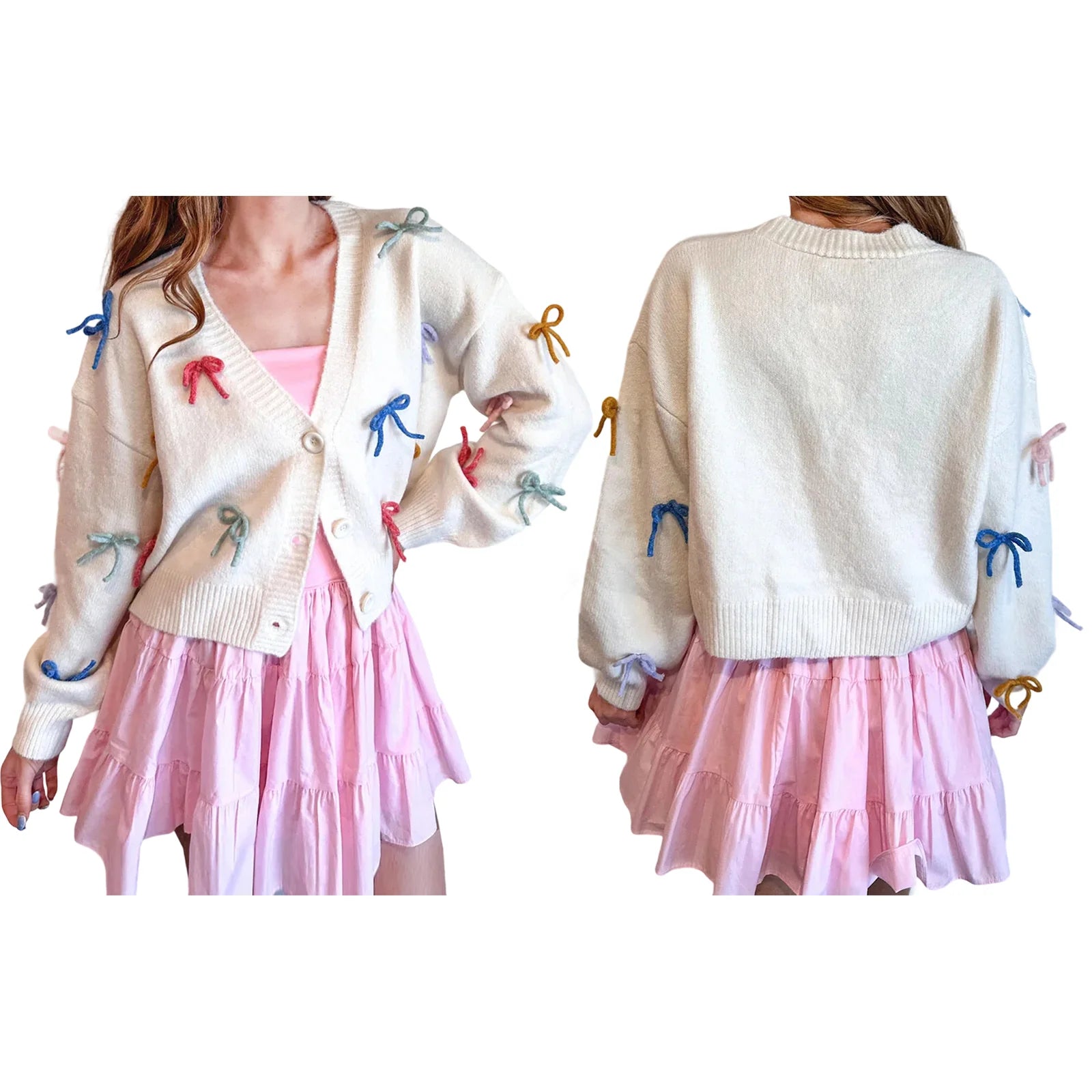Hnewly y2k Cardigan Women Stylish 3D Bow V Neck Button Down Long Sleeve Sweater Jacket Top 2000s Aesthetic Clothing Streetwear