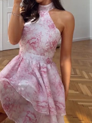 Hnewly  Elegant Floral Print Sleeveless Halter Vestidos Women Fashion Double-layer Fluffy Waist-cinching Slim Dress New Party Wears