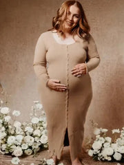 Hnewly  Maternity Photography Dress Khaki Ribbed Knit Pregnancy Photoshoot Outfit Long Sleeve Bodycon Gown Maternity Photo Shoot Clothes