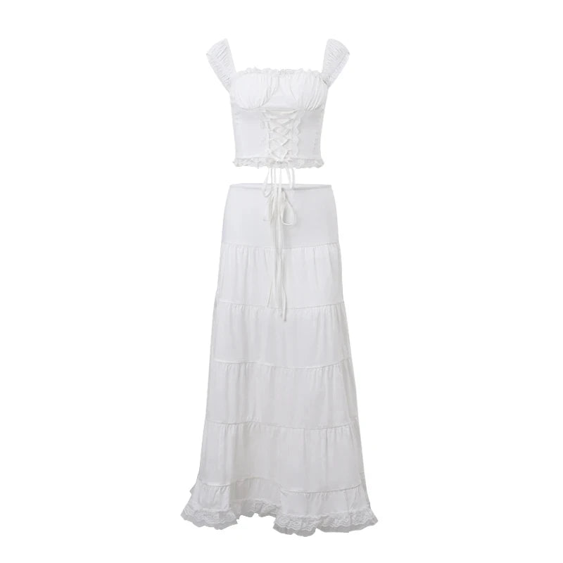 Hnewly Elegant Off Shoulder Square-neck Sleeveless Crop Tops And Loose Long Skirts 2025 Spring Summer Women Beach Party Suits