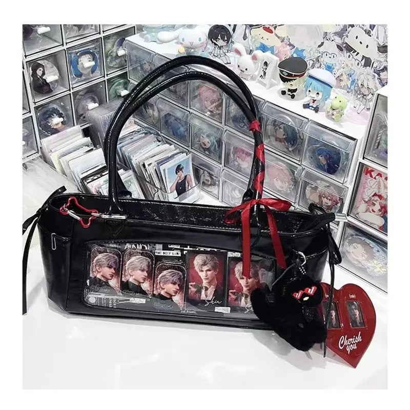 Hnewly  Japanese Style Black Ita Bag Handbag Women New Harajuku Transparent Leather Shoulder Bags Ladies Anime Itabag Underarm Bag Y2K