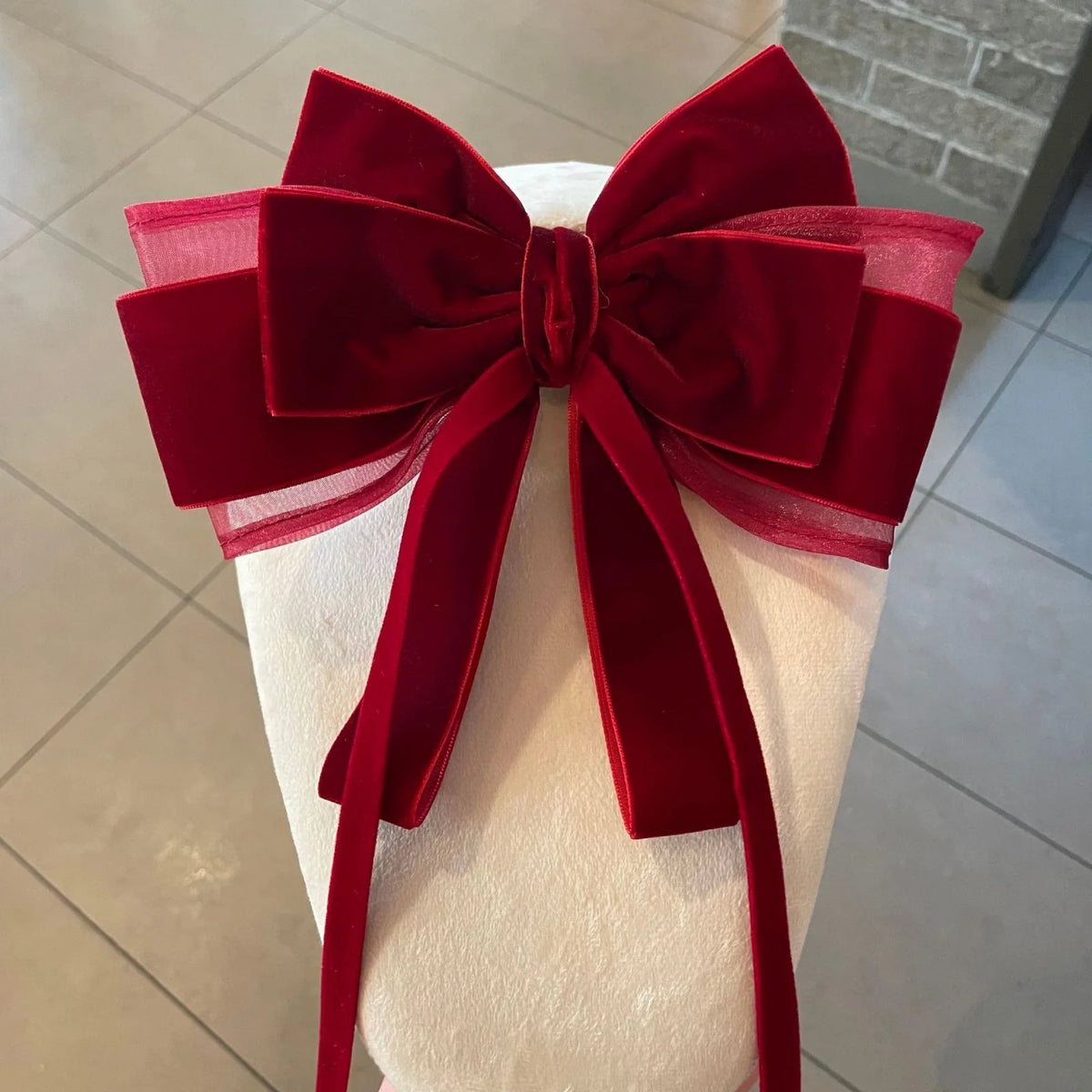 Hnewly  1PC Autumn Winter Red Velvet Bow with Ribbon Spring Clip Hair Barrette, Fairy-Inspired Hair Accessory for Back-of-Head/Top Styli