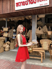 Hnewly  Woman Dresses Sleeveless V Neck Bandage Halter Backless Vintage Sexy Mini Dress Sweet Elegant Female Party Fashion