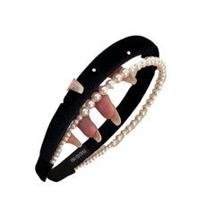 Hnewly  1Pc French Style High-Grade Double-Layer Pearl Headband,Black Velvet Sponge Hair Hoop,Retro Exquisite Hair Accessory for Women