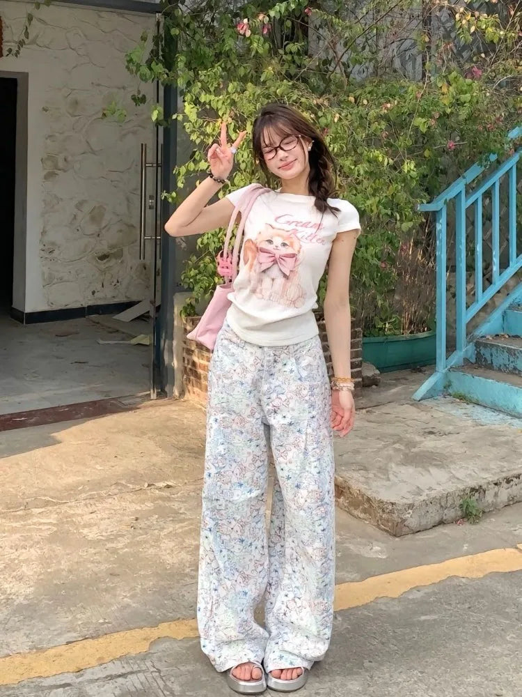 Hnewly  Sweet T Shirts Women Cartoon Cat Printed Short Sleeve Summer Fashion Sexy Stretch Slim Y2k Tops Female Casual Tshirt