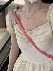 Hnewly  Woman Dress Puff Short Sleeve Square Collar Ruffles Patchwork Sweet Elegant Fashion Princess Female Casual Dresses