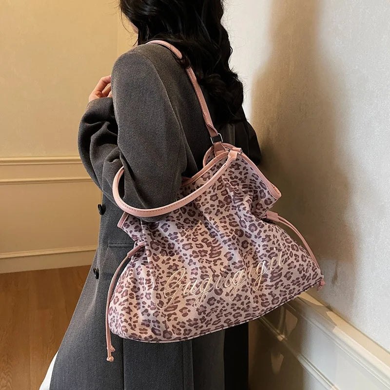 Polka Dot Suede Tote Bag Korean Leopard Print Letter Design, Women Large Capacity Drawstring Shoulder Bag Fashion Casual Handbag