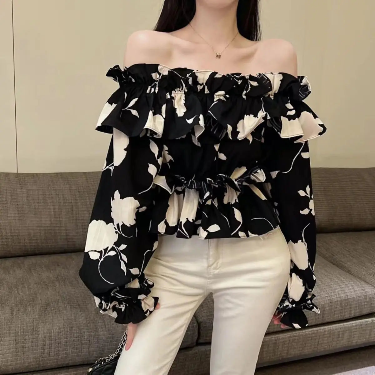 Hnewly Blouses Women New Arrival Spring French Style Slash Neck Ruffles Floral All-match Ladies Sexy Sweet Ins College Skinny Clothing