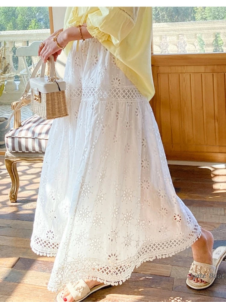 Hnewly   Hollow Lace Spliced White Long Skirt 2025 Spring Summer New Elastic Waist Cotton A-line Vacation Beach Boho Skirt