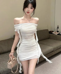 Hnewly  Woman Dress Strapless Ruffles Sweet Off Shoulder Patchwork Slim Sweet Backless Summer Fashion Party Mini Dresses Sexy