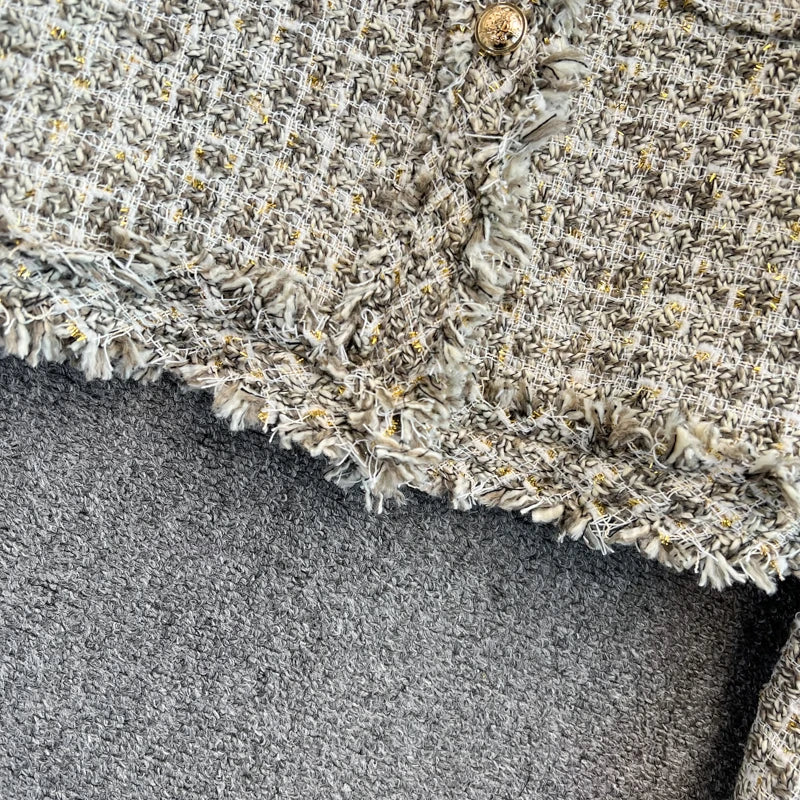 Hnewly  Woven Tweed Jacket Women Autumn Winter New Slim O-neck Single Breasted Coat Elegant Raw Edge Tassel Long Sleeve Blazer