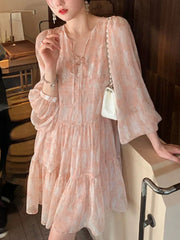 Hnewly  Floral Vintage Elegant Dress Women Causal Evening Beach Party Mini Dresses Female Summer Long Sleeve Two Piece Dress Korean