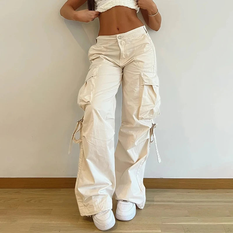 Hnewly y2k Streetwear Pockets Cargo Pants Harajuku Low Rise Baggy Straight Pants Loose Korean Fashion Trousers Aesthetic Womens