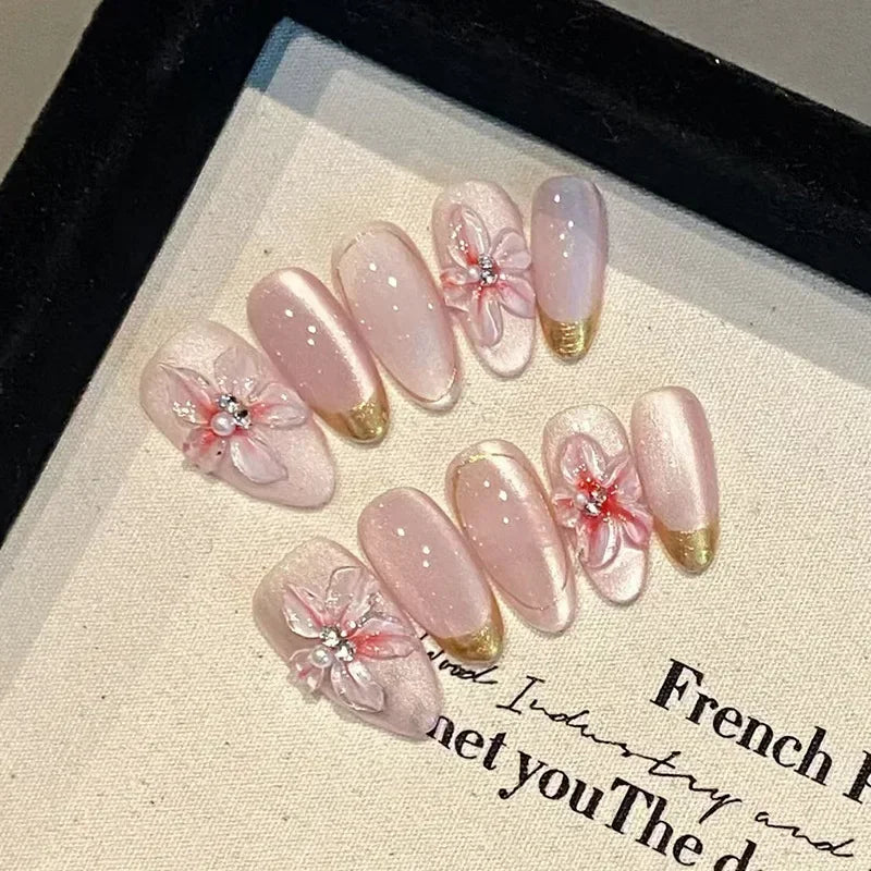 Hnewly 24Pcs Cat Eye Press on Nails with Almond Head Bow Diamond Stick on False Nail Sweet Pink French Full Cover Artificial Nails Tips