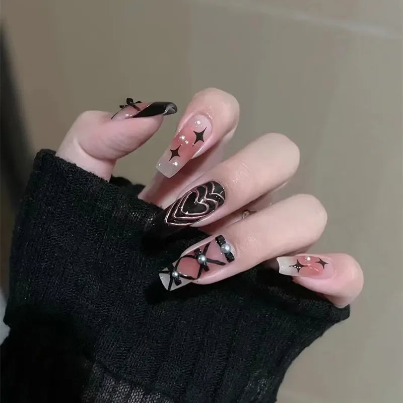 Hnewly 24Pcs False Nails French Gradient Ballet Fake Nails Press on Nails Black Heart Rhinestone Design Glitter Full Cover Nail Tips