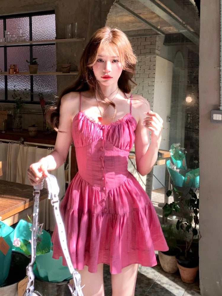 Hnewly Japanese Kawaii Sleeveless Y2k Mini Dress Women Slim Sexy Camisole Dress Summer Casual Evening Party Fashion Short Dress