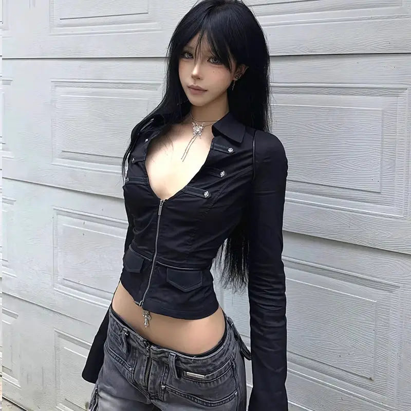 Hnewly  Y2k Fashion Sexy V-neck Slim Fit Top for Women Casual All-match Long Sleeve Blusas Mujer 2025 Spring New Black Blouses