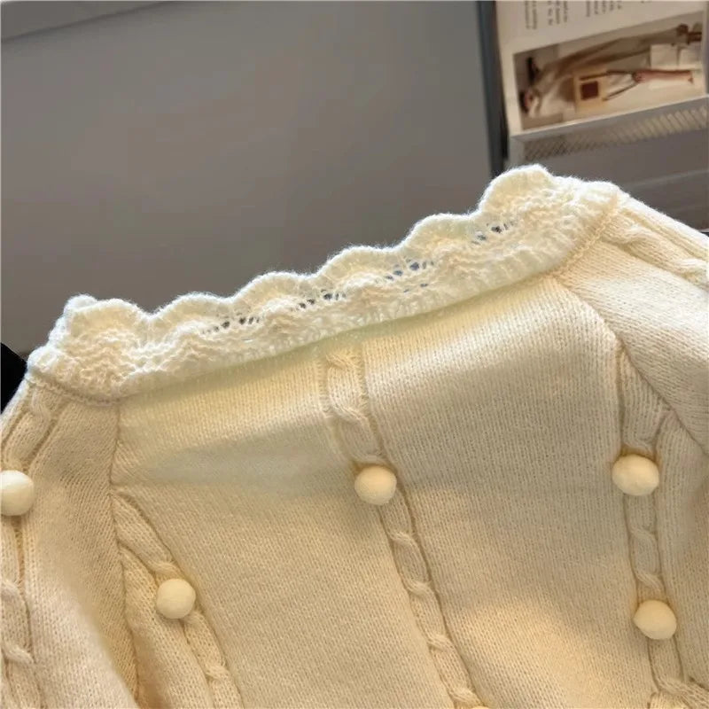 Hnewly  Korean Sweater Cardigan Women's Spring Autumn 2025 Versatile Soft Knitted Jacket Elegant Lace Single Breasted Long Sleeved Top